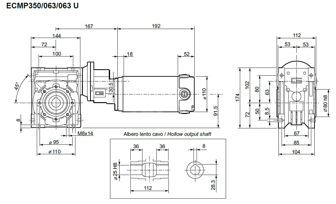 Moto-réducteur 24 volts Transtecno ECMP350-063-063-U
