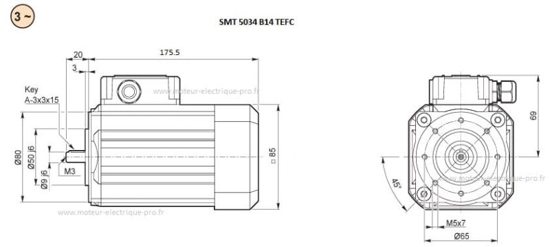 Moteur Transtecno triphasé SMT5034 TEFC IP66 0.09KW 1500 56B14 dimensions
