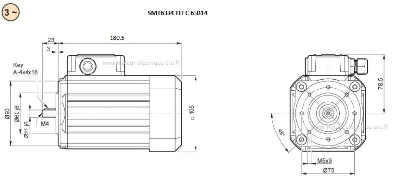 Moteur Transtecno triphasé SMT6334 TEFC IP66 0.25KW 63B14