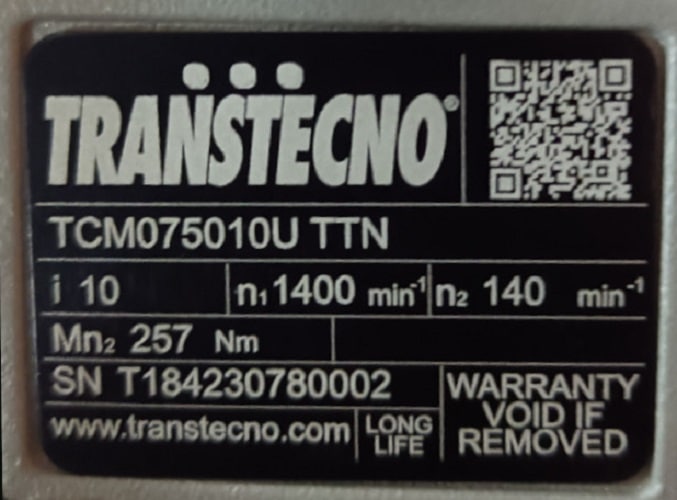 Plaque signalétique réducteur roue et vis Transtecno